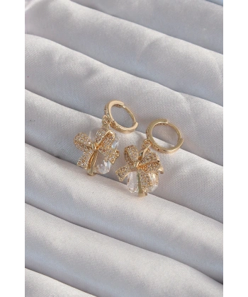 Pirinç Gold Renk İri Zirkon Taşlı Fiyonk Model Halka Küpe