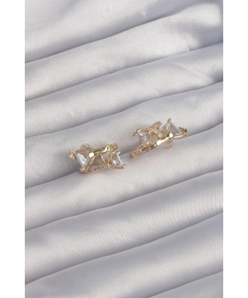 Pirinç Gold Renk İri Zirkon Taşlı Kıvrımlı Minimal Kelebekli Halka Küpe
