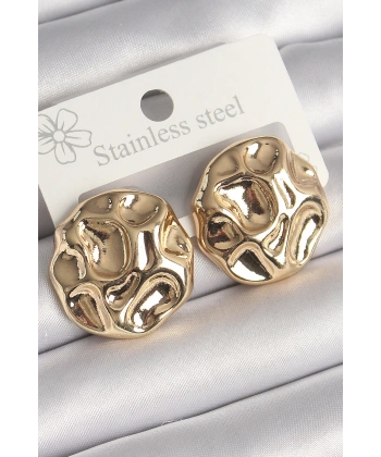 Pirinç Gold Renk İşlemeli Daire Plaka Model Kadın Küpe