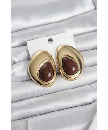 Pirinç Gold Renk Kahverengi Taşlı Damla Model Vintage Kadın Küpe