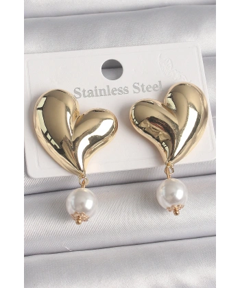 Pirinç Gold Renk Kalp Model Sallantı İnci Detay Kadın Küpe