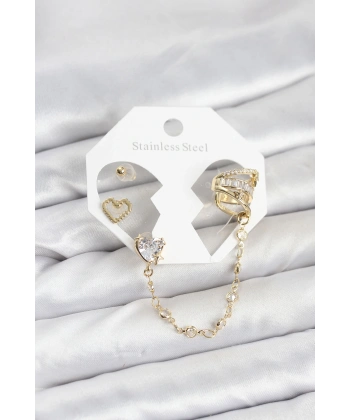 Pirinç Gold Renk Kalp Model Zincir Bağlantılı Ear Cuff Küpe Seti