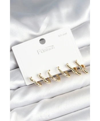 Pirinç Gold Renk Kalp Yıldız ve Halka Model 925 Ayar Gümüş Çivili Kadın Küpe Seti