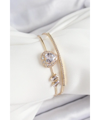 Pirinç Gold Renk Kalpli Zirkon Taşlı Kadın Bileklik