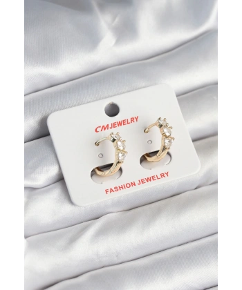 Pirinç Gold Renk Kalpli Zirkon Taşlı Kadın Küpe