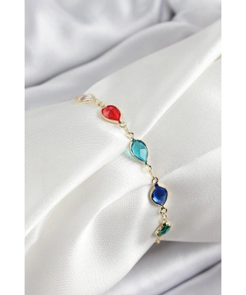 Pirinç Gold Renk Karışık Renk Damla Zirkon Taşlı Kadın Bileklik