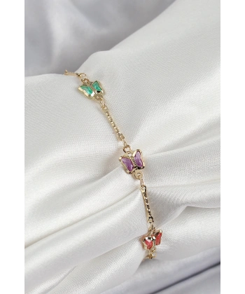 Pirinç Gold Renk Karışık Renk Kelebek Zirkon Taşlı Kadın Bileklik