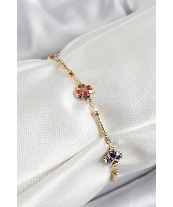 Pirinç Gold Renk Karışık Renk Yonca Zirkon Taşlı Kadın Bileklik