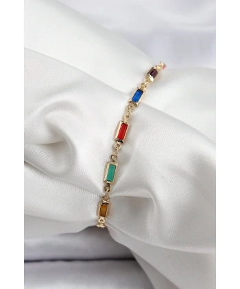 Pirinç Gold Renk Karışık Renkli Kare Zirkon Taşlı Kadın Bileklik