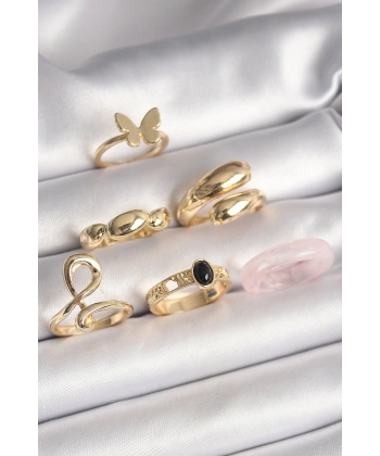 Pirinç Gold Renk Kelebek Figür Sarmal Model 6Lı Kadın Yüzük Seti