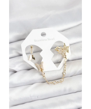 Pirinç Gold Renk Kelebek Model Zincir Bağlantılı Ear Cuff Küpe Seti
