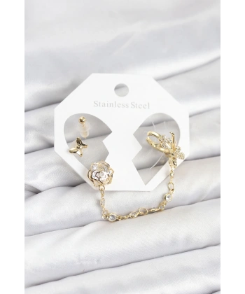 Pirinç Gold Renk Kelebekli Model Zincir Bağlantılı Ear Cuff Küpe Seti