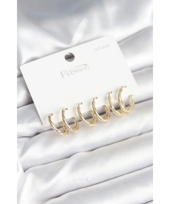 Pirinç Gold Renk Kemik Halka Model 925 Ayar Gümüş Çivili Kadın Küpe Seti