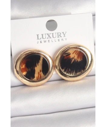 Pirinç Gold Renk Leopar Desen Daire Model Kadın Küpe