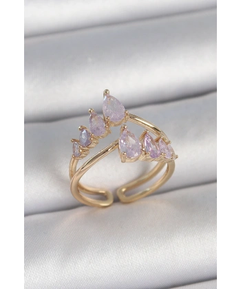 Pirinç Gold Renk Mor Damla Zirkon Taşlı Taç Model Kadın Yüzük