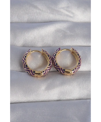 Pirinç Gold Renk Mor Etnik Desenli Halka Küpe