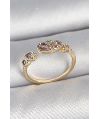 Pirinç Gold Renk Pembe Damla Zirkon Taşlı Ayarlanabilir Kadın Yüzük