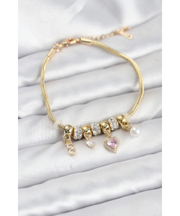 Pirinç Gold Renk Pembe Kalp Charmlı Kadın Bileklik