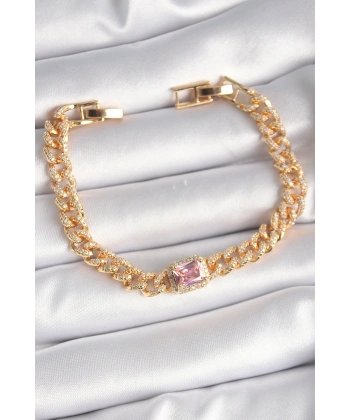 Pirinç Gold Renk Pembe Kare Zirkon Taşlı VIP Seri Kadın Bileklik