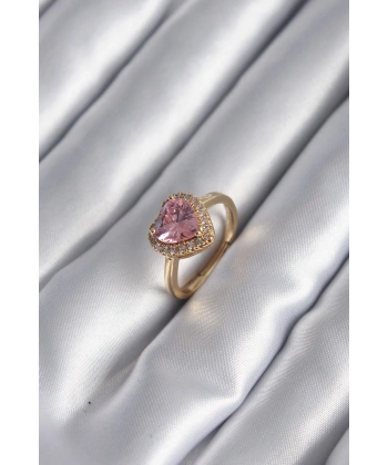 Pirinç Gold Renk Pembe Zirkon Taş Kalp Charm Model Kadın Yüzük