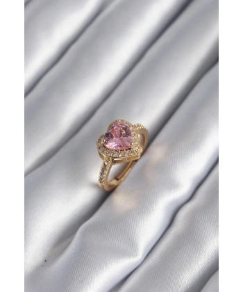Pirinç Gold Renk Pembe Zirkon Taşlı Charm Kalp Model Kadın Yüzük