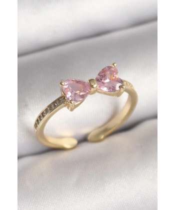 Pirinç Gold Renk Pembe Zirkon Taşlı Kalp Fiyonk Model Kadın Yüzük