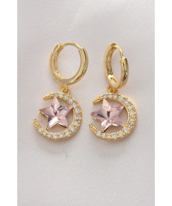 Pirinç Gold Renk Pembe Zirkon Taşlı Yıldız Detay Ay Küpe