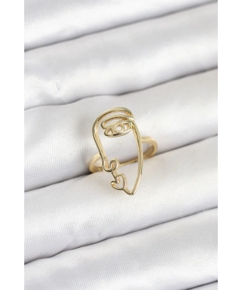 Pirinç Gold Renk Picasso Tarzı Tek Çizgi Yüz Model Kadın Yüzük