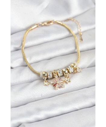 Pirinç Gold Renk Renkli Yıldız Charmlı Kadın Bileklik