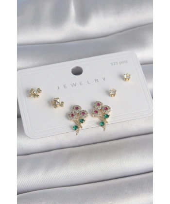 Pirinç Gold Renk Renkli Zirkon Taşlı Çiçek Model Yaprak Detay 925 Ayar Gümüş Çivi Kadın Küpe Seti