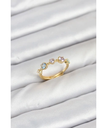 Pirinç Gold Renk Renkli Zirkon Taşlı Kadın Yüzük