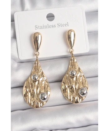 Pirinç Gold Renk Sallantı Damla Model Gümüş Top Detay Kadın Küpe