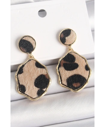 Pirinç Gold Renk Sallantı Leopar Desen Plaka Model Kadın Küpe