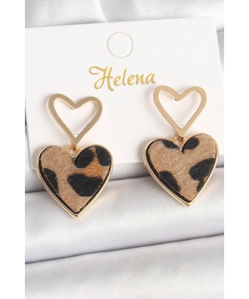 Pirinç Gold Renk Sallantı Leopar Kalp Model Kadın Küpe