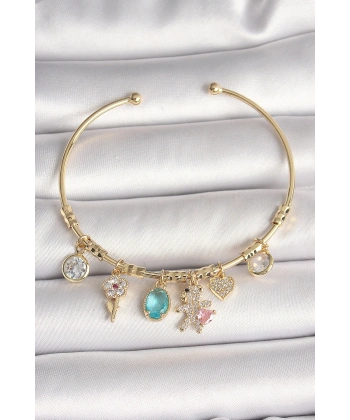 Pirinç Gold Renk Sallantı Zirkon Taşlı AYıcık Figür Kalp Detay Charm Kadın Bileklik