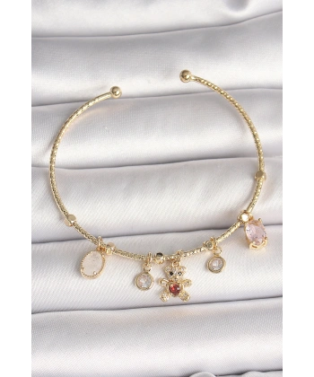 Pirinç Gold Renk Sallantı Zirkon Taşlı Ayıcık Figür Kırmızı Kalp Detay Charm Kadın Bileklik