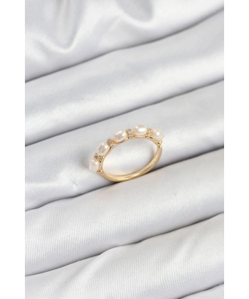 Pirinç Gold Renk Sıralı İncili Kadın Yüzük