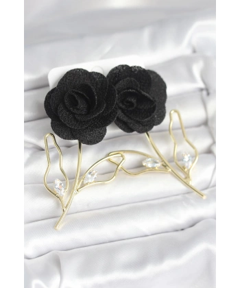 Pirinç Gold Renk Siyah Gül Model Kadın Küpe