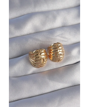 Pirinç Gold Renk Tırtıklı Minimal Bombeli Tasarım Küpe