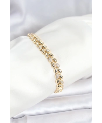 Pirinç Gold Renk VIP Seri Sarmal Damla Model Zirkon Taşlı Kadın Bileklik
