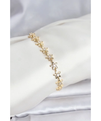 Pirinç Gold Renk VIP Seri Sıralı Taşlı Yıldız Model Zirkon Taşlı Kadın Bileklik