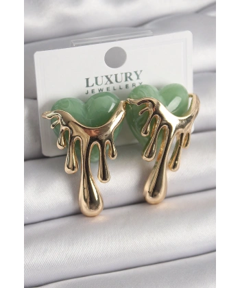 Pirinç Gold Renk Yeşil Sedefli Akan Kalp Model Kadın Küpe