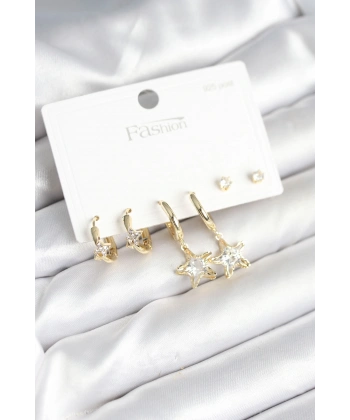 Pirinç Gold Renk Yıldız Model 925 Gümüş Çivili Kadın Küpe Seti