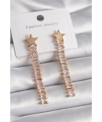 Pirinç Gold Renk Yıldız Model Su Yolu Zirkon Taşlı Kadın Küpe