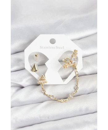 Pirinç Gold Renk Yıldızlı Model Zincir Bağlantılı Ear Cuff Küpe Seti