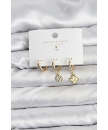 Pirinç Gold Renk Yonca Model 3lü Kadın Küpe Seti