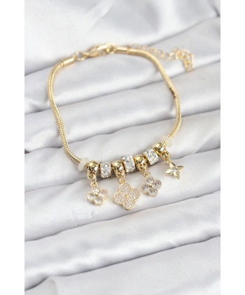 Pirinç Gold Renk Yonca Model Kadın Bileklik