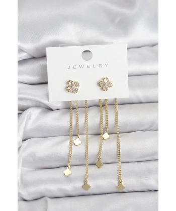Pirinç Gold Renk Yonca Model Sallantılı Kadın Küpe