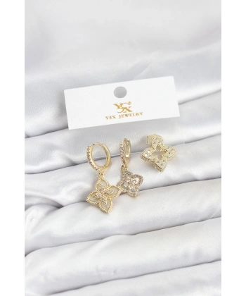 Pirinç Gold Renk Yonca Model YSX Trio Küpe Seti