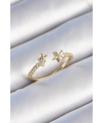 Pirinç Gold Renk Zirkon Taş Detay Yıldız Model Kadın Yüzük